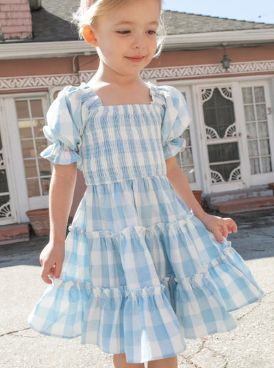 Girls Spring Dresses | Puff Sleeve Blue Gingham Ruffled Smock Dress