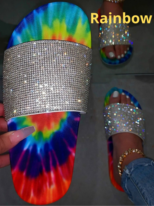 Women's Tie Dye Glitter Flat Slides By Liv and Mia