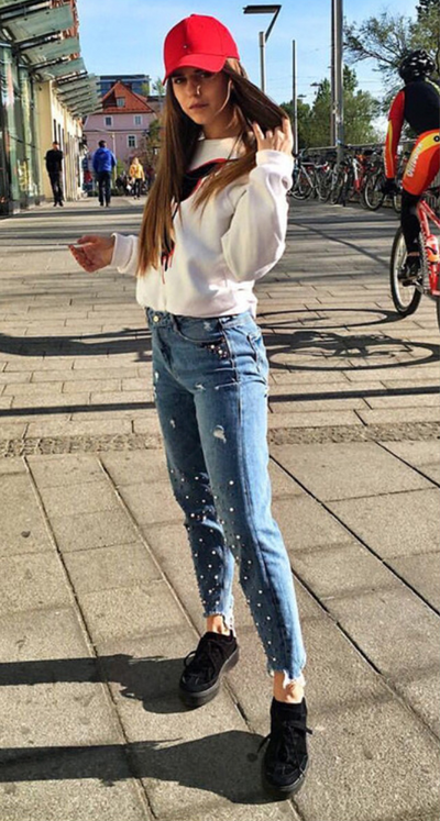 Women's Cropped Hem Pearl Embellished Ripped Jeans - Mia Belle Girls