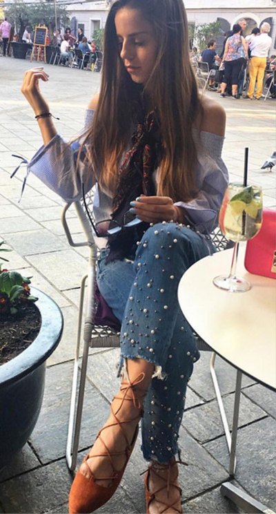 Women's Cropped Hem Pearl Embellished Ripped Jeans - Mia Belle Girls