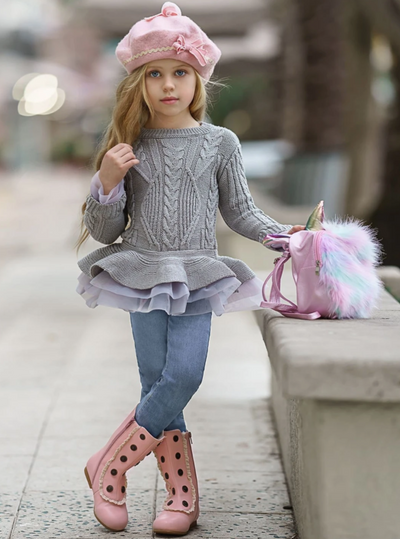 Little Girls Fall Grey Cable Knit Peplum Tutu Sweater - Mia Belle Girls