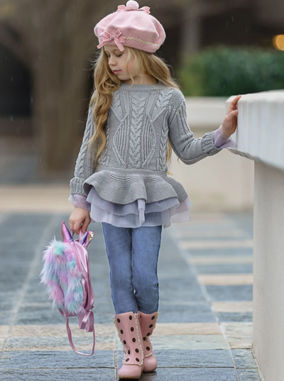 Little Girls Fall Grey Cable Knit Peplum Tutu Sweater - Mia Belle Girls