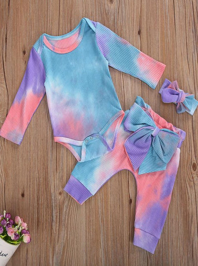 Baby Tie Dye Diva Ribbed Onesie, Leggings, and Headband Set Multicolor