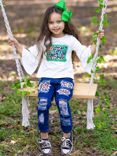St. Patrick's Day Clothes | Girls Bell Sleeve Top & Patched Jeans Set