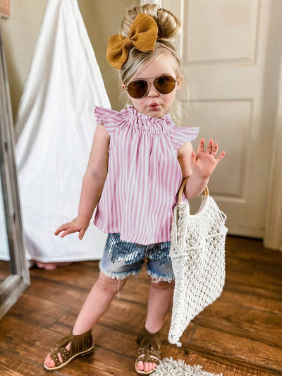 Toddler Spring Outfit | Girls Striped Top & Sequin Denim Short Set