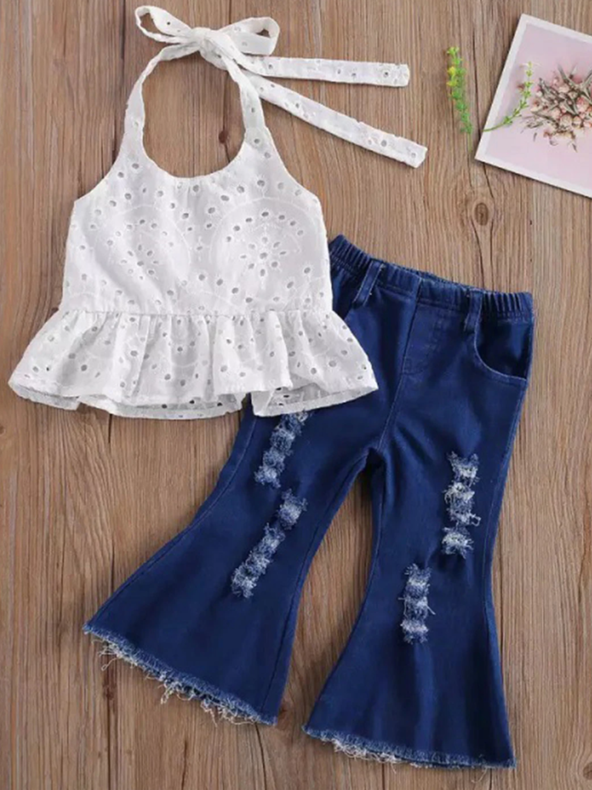 Girls Cowgirl Outfits | Eyelet Halter Top and Bell-Bottom Jeans Set
