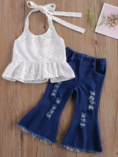 Girls Cowgirl Outfits | Eyelet Halter Top and Bell-Bottom Jeans Set