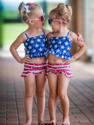 Kids 4th of July Swimwear | Girls Ruffle Tankini Two Piece Swimsuit
