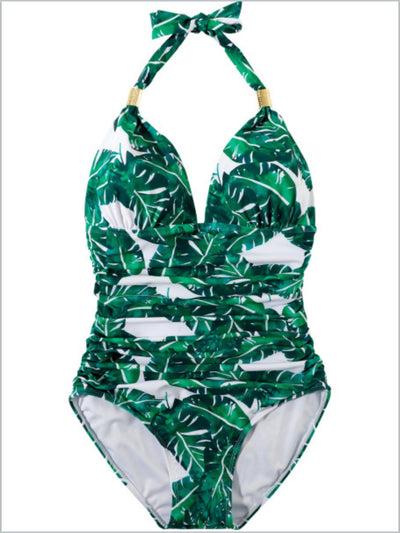 Women's Palm Print Halter Top Ruched One Piece Swimsuit