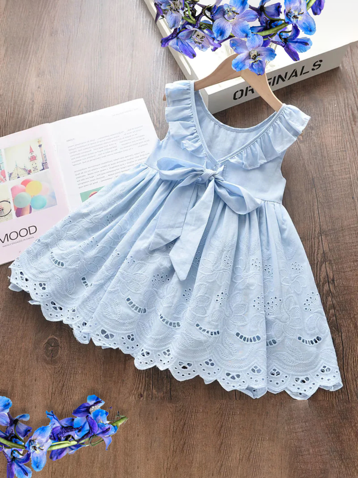 Girls Casual Spring Dresses | Sleeveless Blue Ruffle Eyelet Dress