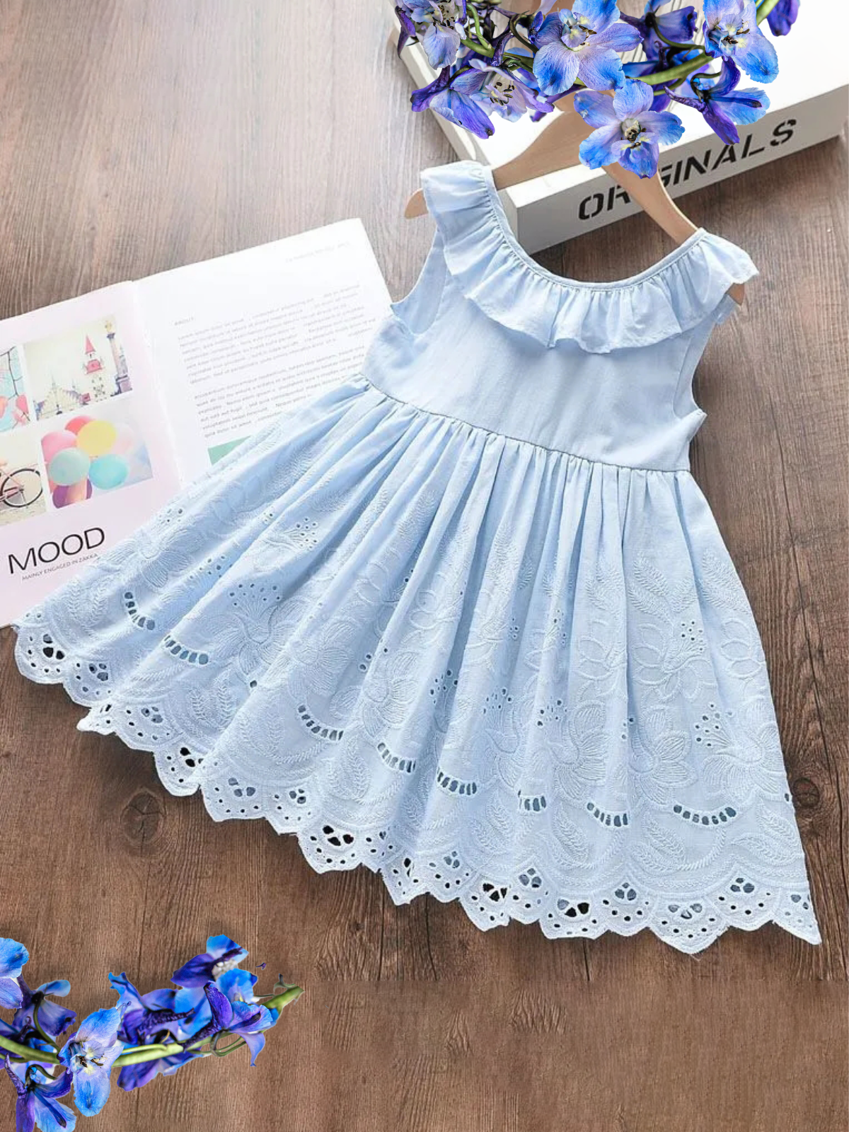Girls Casual Spring Dresses | Sleeveless Blue Ruffle Eyelet Dress