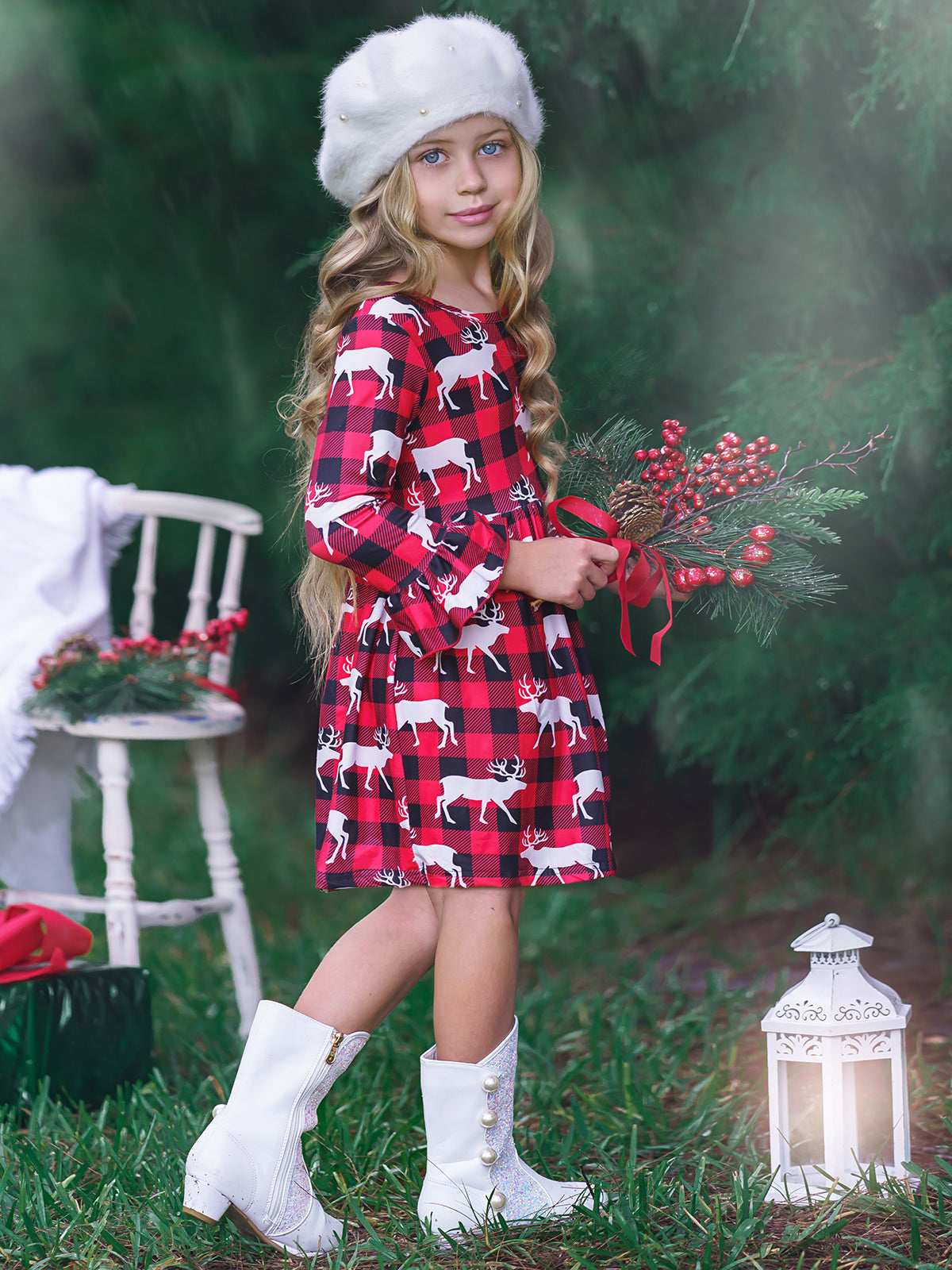 Girls Reindeer Plaid Dress with Ruffled Sleeves