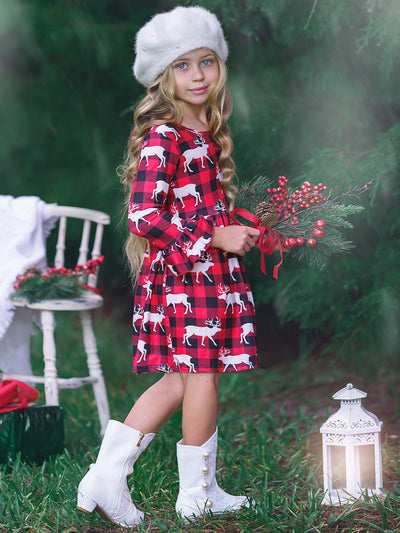 Girls Reindeer Plaid Dress with Ruffled Sleeves