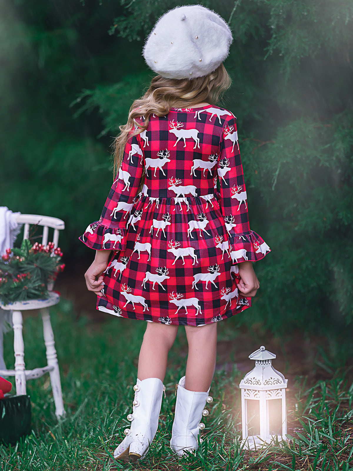 Girls Winter Plaid Dress Featuring Ruffled Sleeves And Reindeer Print