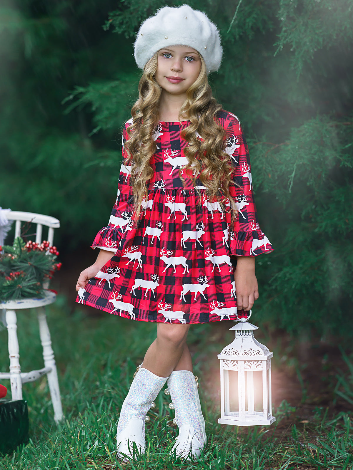 Girls Reindeer Plaid Dress with Ruffled Sleeves