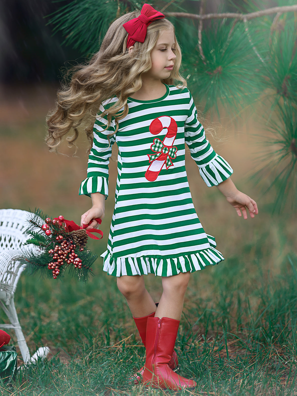 Girls Christmas Themed Red & Green Striped Candy Cane Ruffled Dress