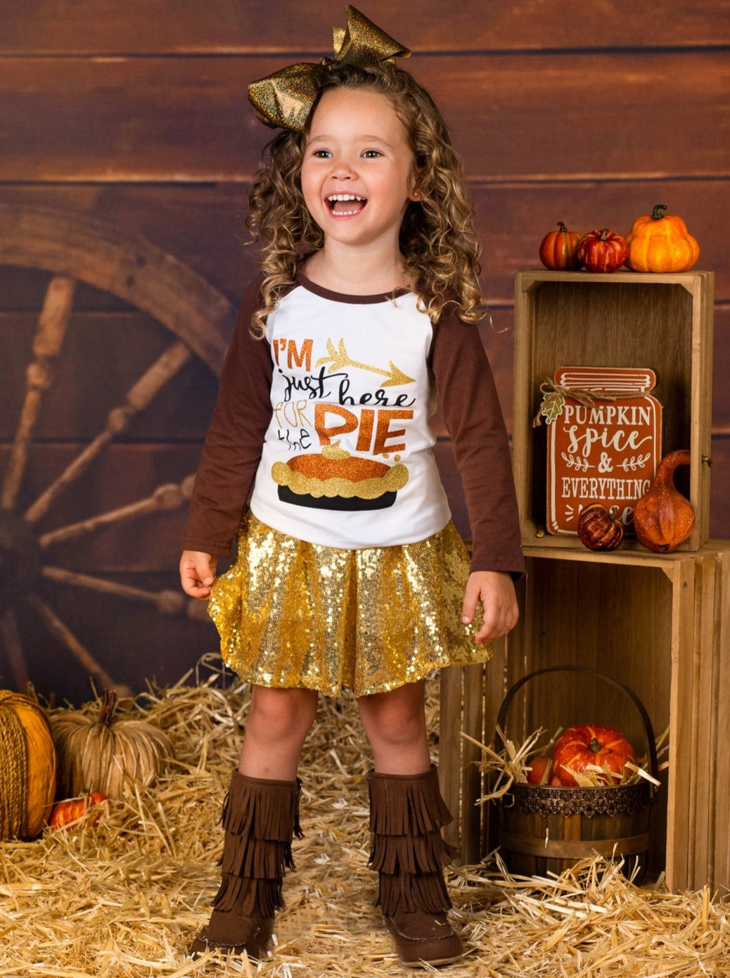 Girls Thanksgiving Themed "I'm Just Here for the Pie" Long Sleeve Raglan Top & Sequin Skirt Set