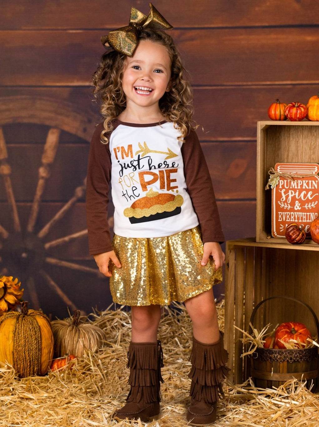 Girls Thanksgiving Themed "I'm Just Here for the Pie" Long Sleeve Raglan Top & Sequin Skirt Set