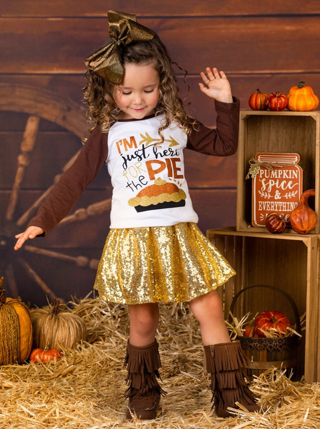Girls Thanksgiving Themed "I'm Just Here for the Pie" Long Sleeve Raglan Top & Sequin Skirt Set