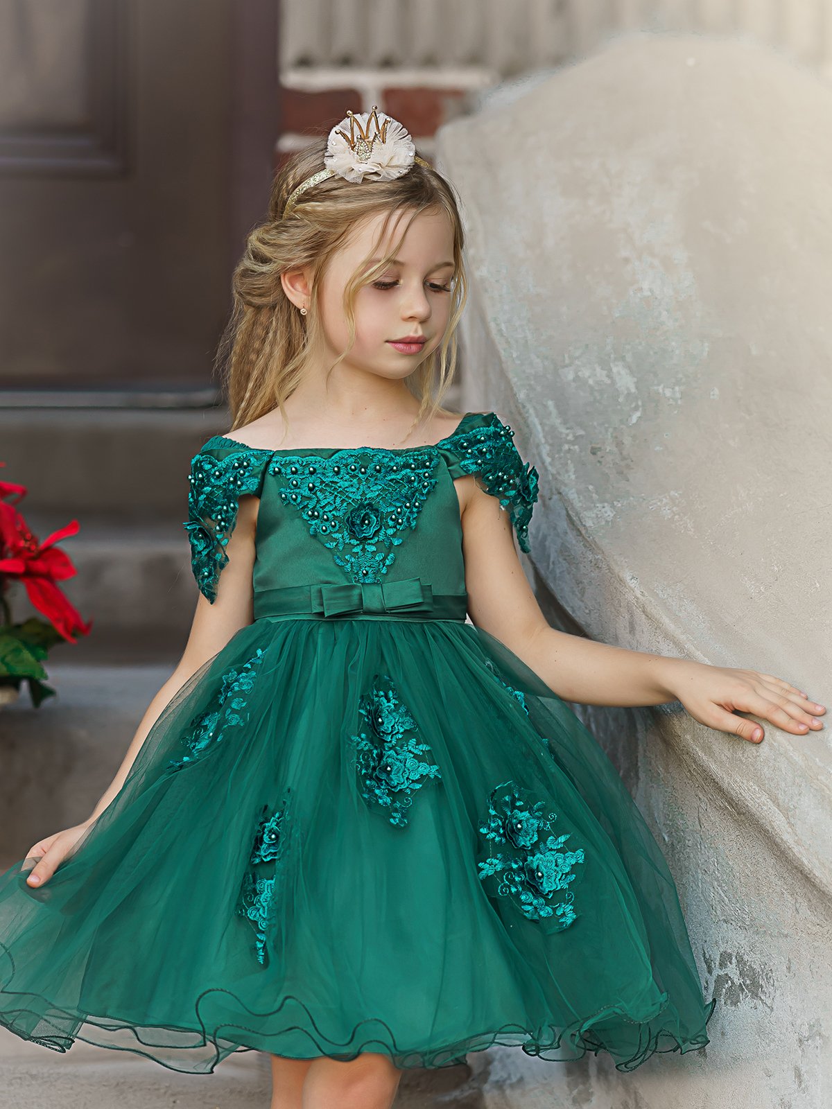 Girls Christmas Dresses | Off Shoulder Lace Applique Holiday Dress
