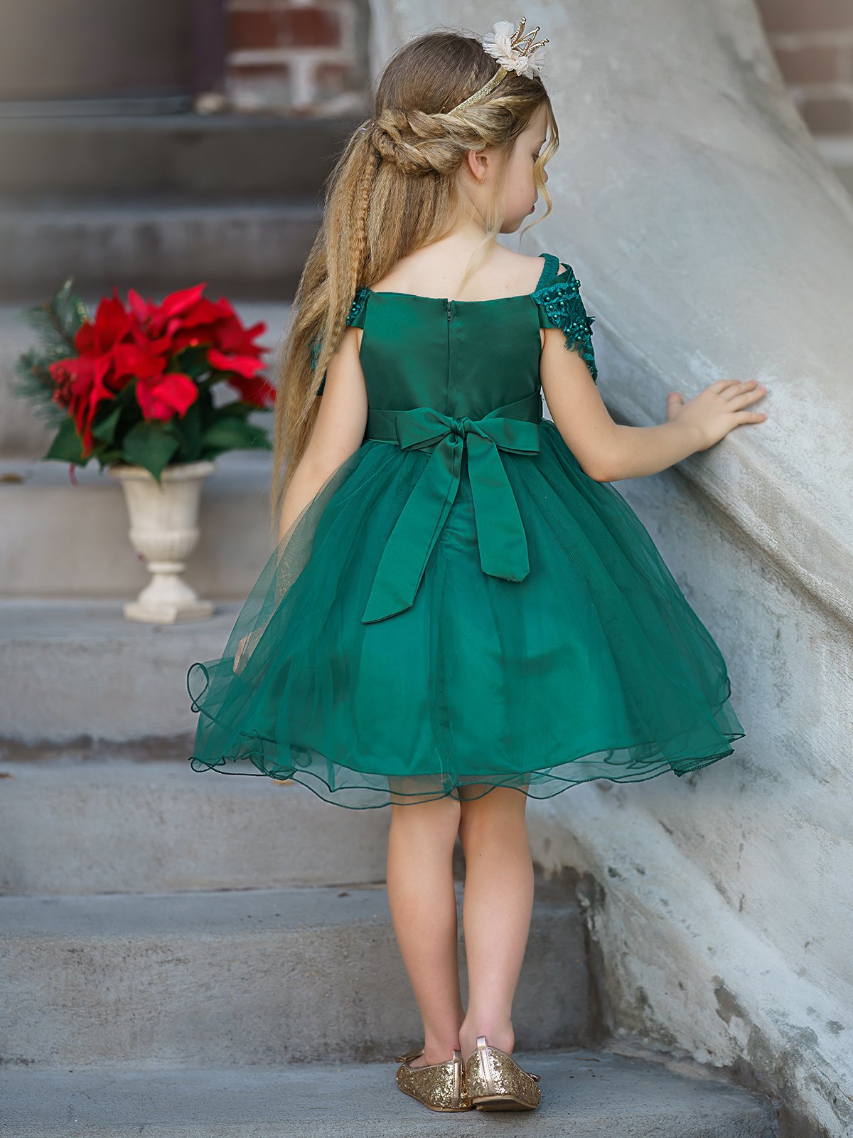 Girls Christmas Dresses | Off Shoulder Lace Applique Holiday Dress