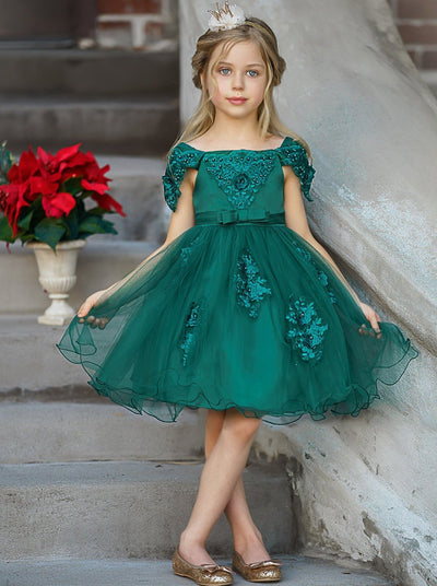 Girls Christmas Dresses | Off Shoulder Lace Applique Holiday Dress