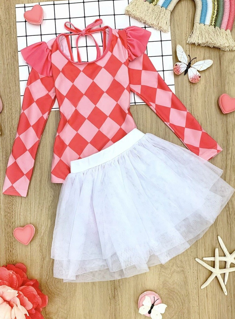 Toddler Rash Guard Swimsuit | Plaid One-Piece Swimsuit & Tutu Skirt