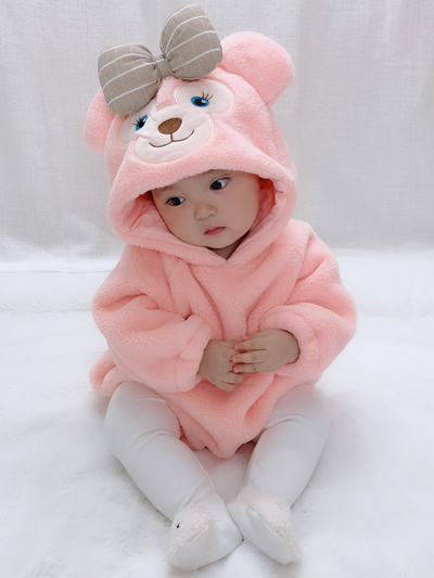 Baby Winter Bow Bear Hood Flannel Long Sleeve Onesie