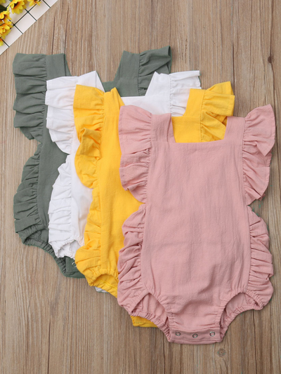 Baby onesie has cute little shoulder ruffles and ruffles on the side. Overall style with strap closure at the back White pink yellow green