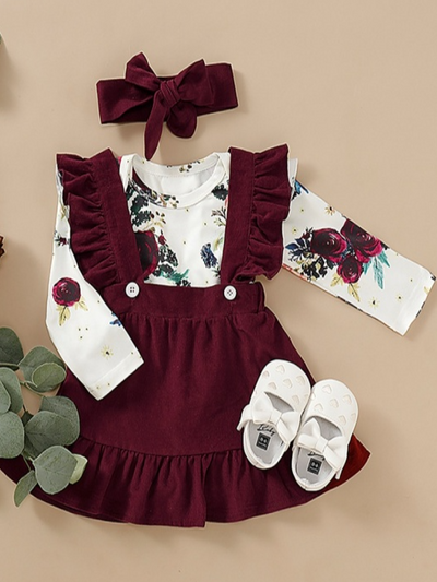 Baby Fancy Floral Onesie, Suspender Romper, And Headband Set