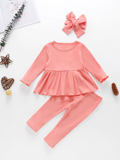 Baby Ribbed Ruffle Long Sleeve Shirt and Legging Set With Headband Pink