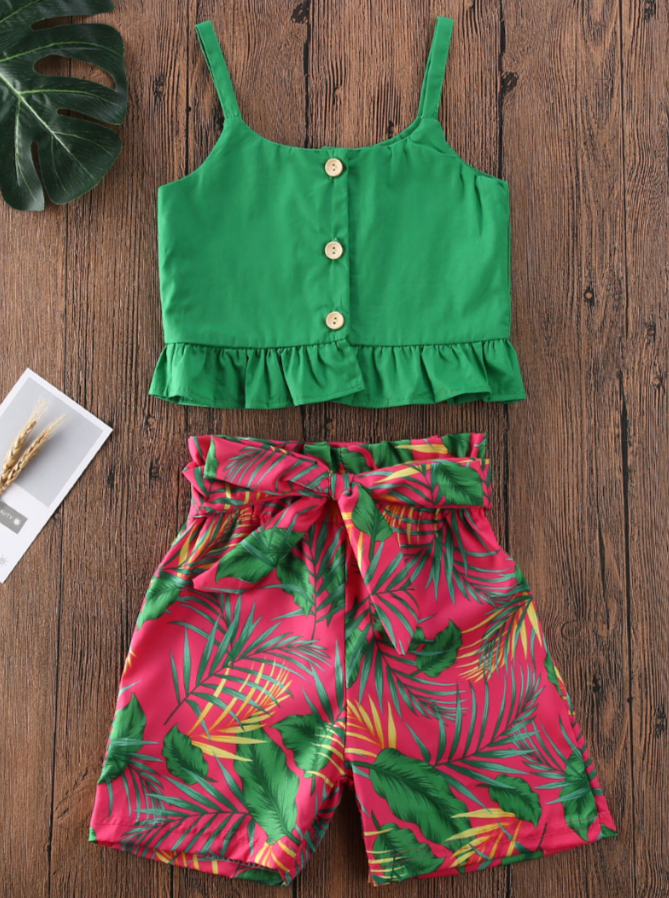 Toddler Resort Wear | Girls Cropped Top & Tropical Ruched Shorts Set