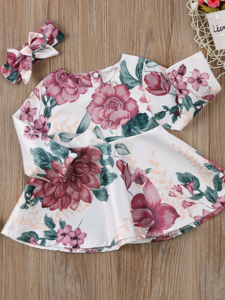 Baby A Little Floral Dess with Matching Headband Set - Mia Belle Girls