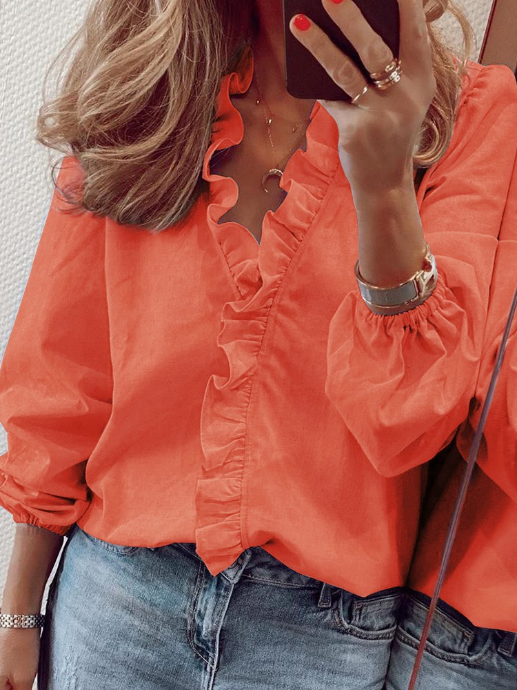 Women's V-Neck Cascading Ruffle Long Sleeve Top Orange