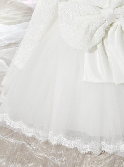 Baby Spring dress has a long-sleeved lace bodice and layered tulle skirt with a big bow the back
