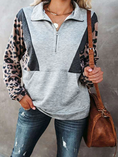 Women's Leopard Color Block Quarter-Zip Sweater - Mia Bell Girls