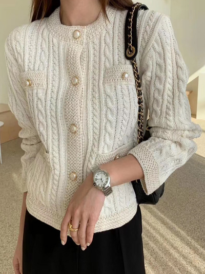 Women's Elegant Preppy Chic Twist Knit Cardigan White