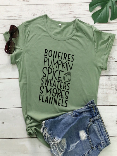 Women's "Bonfires, Pumpkin Spice, Sweaters, S'mores, Flannels" Short-Sleeved Top - Mia Belle Girls - mint