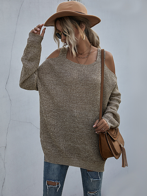 Women's Cold Shoulder Loose Knit Long Sleeve Sweater Taupe