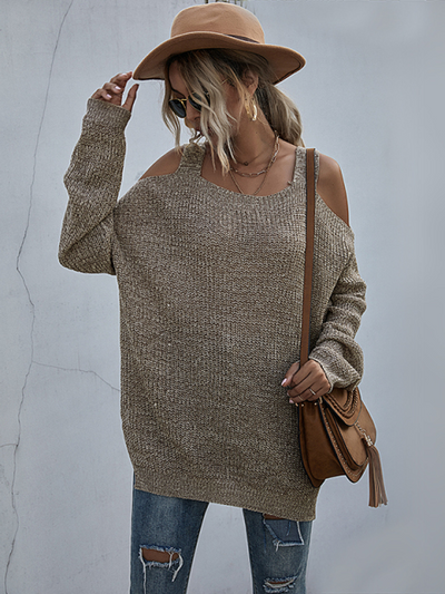 Women's Cold Shoulder Loose Knit Long Sleeve Sweater Taupe