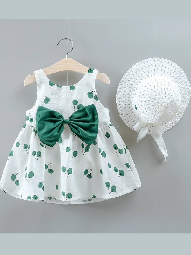 baby summer dress has an adorable cherry print and a large bow at the front and comes with a matching hat