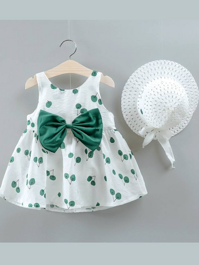 baby summer dress has an adorable cherry print and a large bow at the front and comes with a matching hat