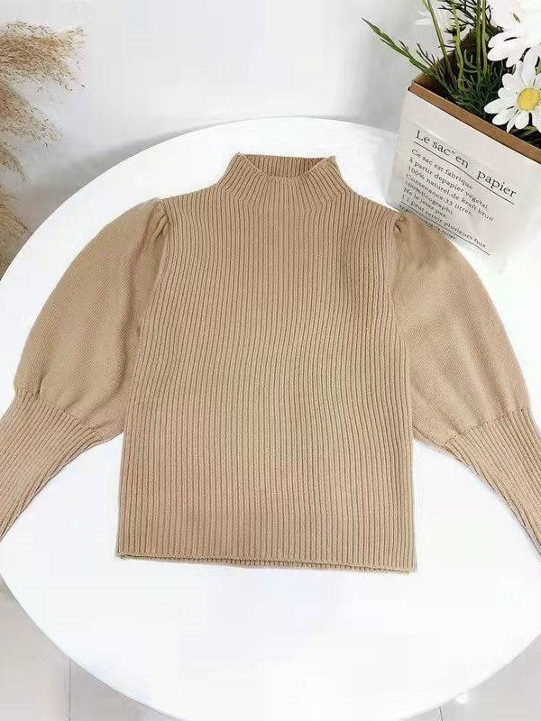 Toddlers Fall Tops | Girls Long Puff  Sleeve Turtleneck Rib Knit Top