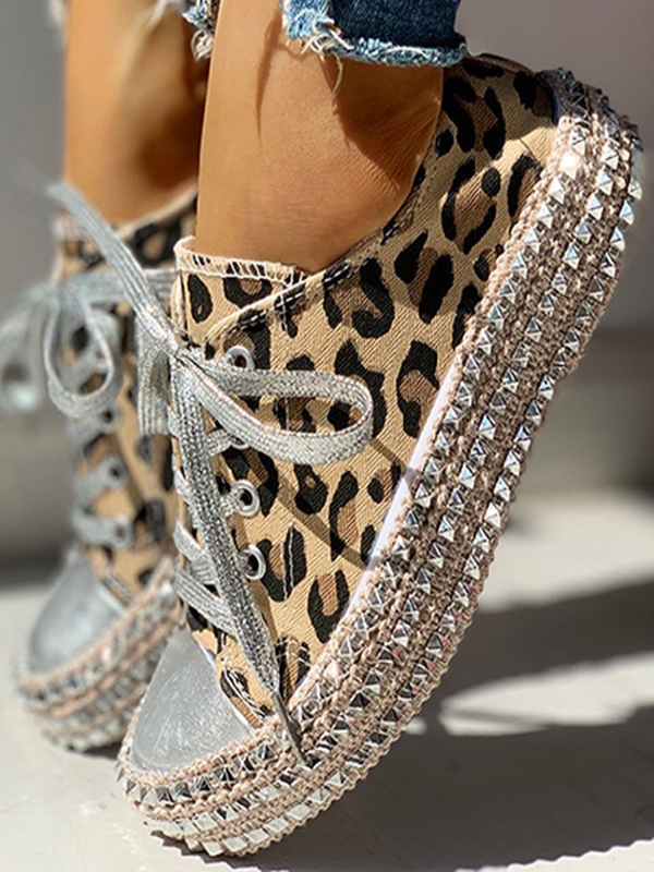Women's Studded Low Top Canvas Sneakers By Liv and Mia - Mia Belle Girls - Leopard