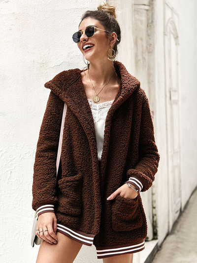 Women's Varsity Full-Zip Hooded Fleece Cardigan Brown