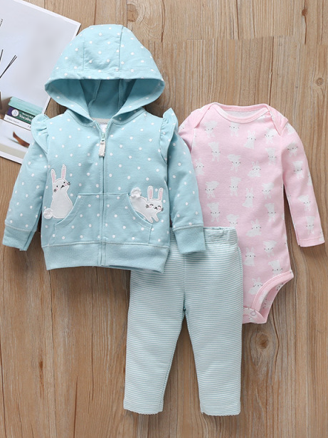 Baby Bunny Frolic Fun Long Sleeve Onesie, Hooded Jacket, And Legging Set