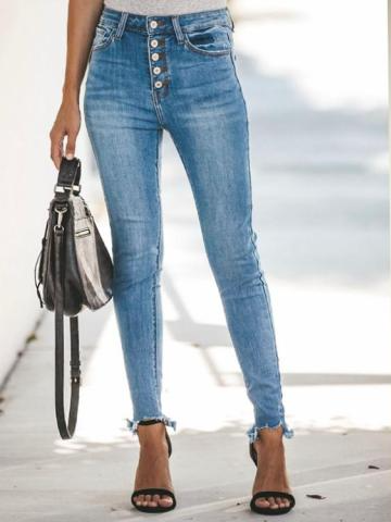 Women's High Waisted Button Fly Jeans with Frayed Hem - Mia Belle Girls