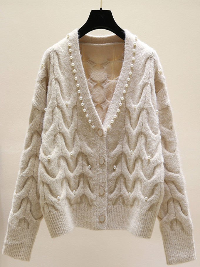Women's Pearl Knit Button Down Cardigan Beige