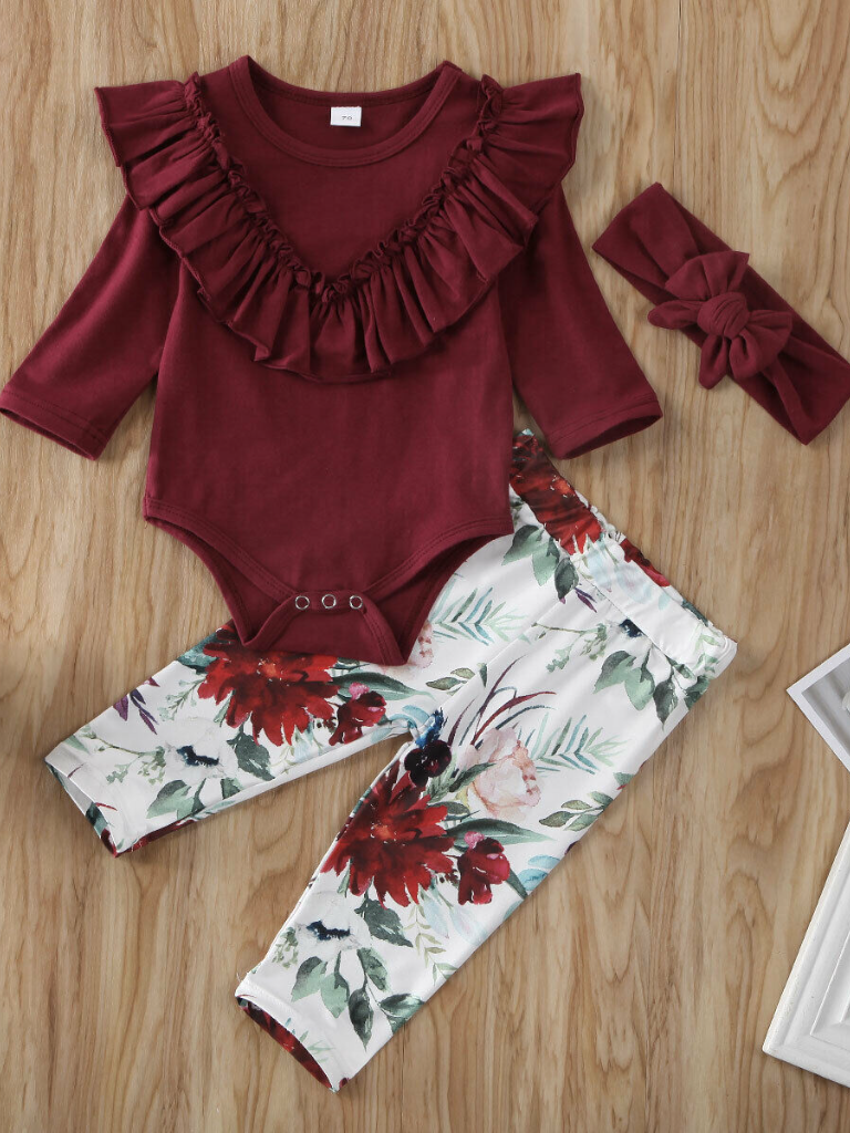 Baby A Little Ruffled Onesie with Leggings and Matching Headband Set - Mia Belle Girls