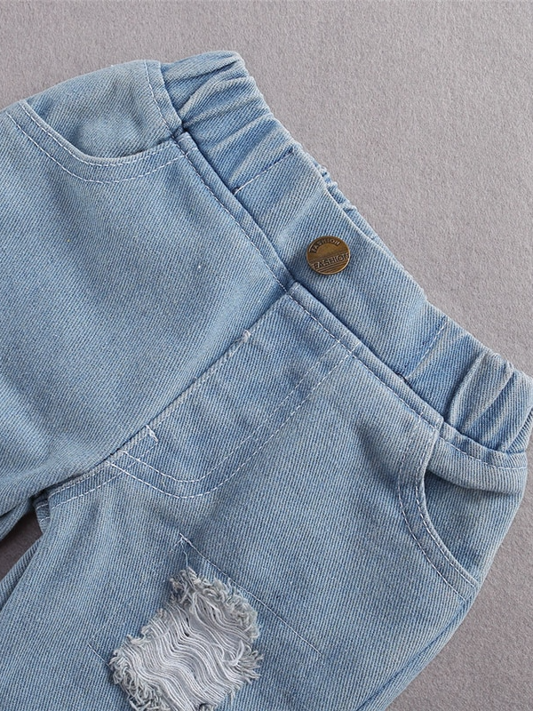 Baby set features a kimono lace onesie with distressed jeans with lacey hem